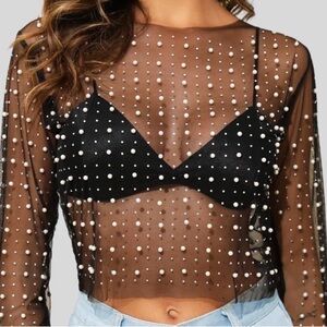 Women pearl rhinestones sheer mesh crop top